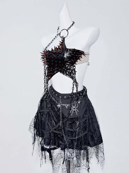 Punk Black Halter Neck Studs and Chain Star-shaped Backless Top