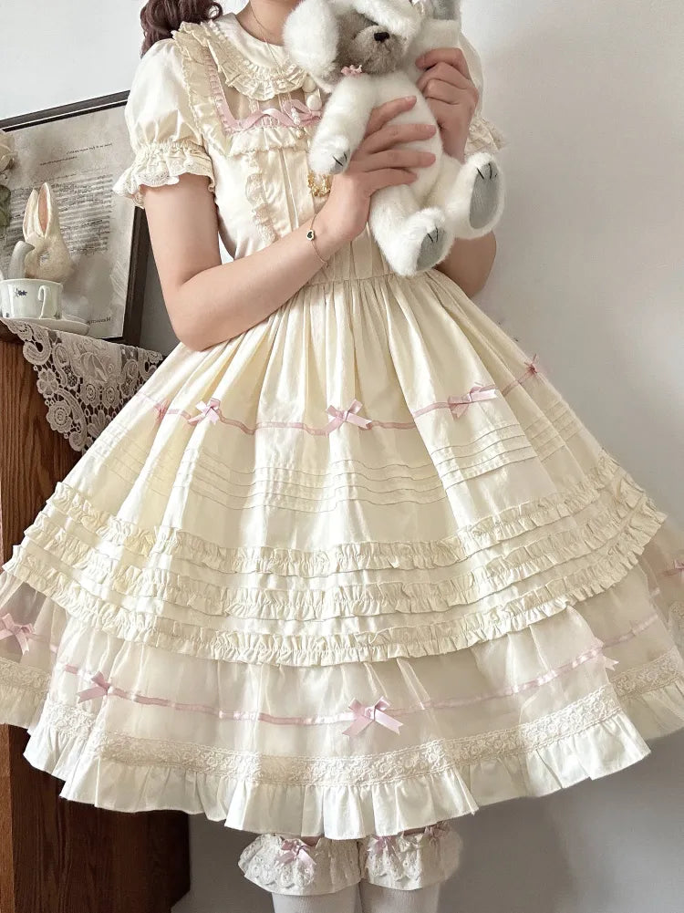 Lolita Pink Beige Peter Dress Cotton Bow and Collar Accents Pan