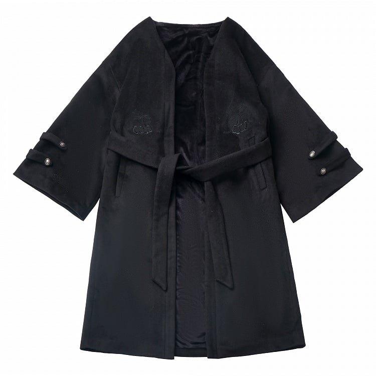 Black Open Placket Cherry Tonal Embroidery Coat