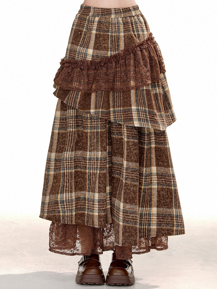 Brown Plaid Shirring Waist Lace Patchwork Skirt