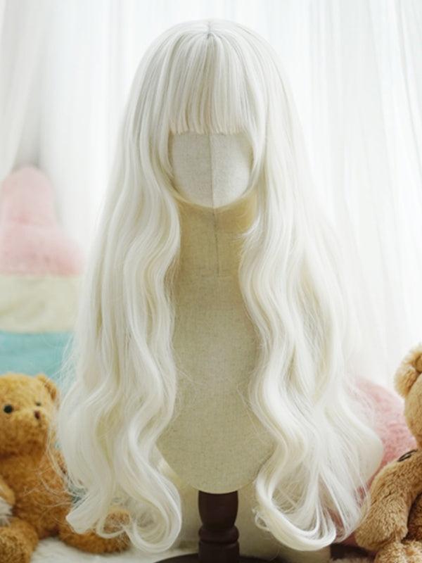 Black/White/Light Blonde/Blonde/Caramel/Grey Waist Length Wavy Wig With Full Bangs