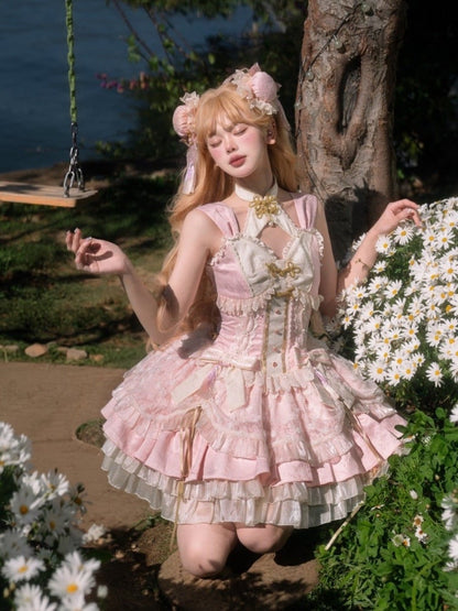 Sakura Pink Qi Lolita-Kleid mit Korsett-Taille und großer Schleife an der Taille