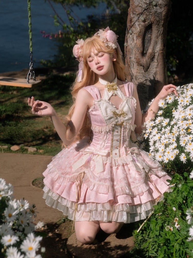 Robe Lolita Qi rose Sakura avec corset et gros nœud, tenue de festival des fleurs de cerisier