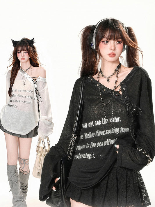 Black/White Semi-sheer Asymmetrical Neckline Sun Protection Top with Lace-up Detail