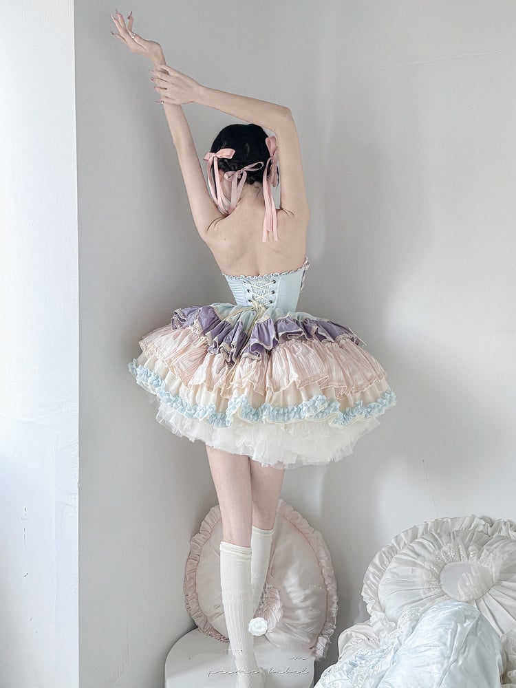 Purple Bowknots Skirt Big Lace-up Basque Waist Tiered Ruffle Sweet Lolita Dress and with Blue on