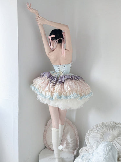 Purple Bowknots Skirt Big Lace-up Basque Waist Tiered Ruffle Sweet Lolita Dress and with Blue on