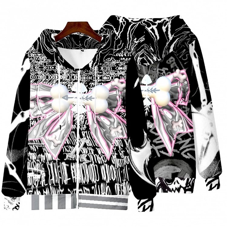 Closure Print Black Zip Letter Hoodie Pattern Bone Big Bow Gyaru Fashion