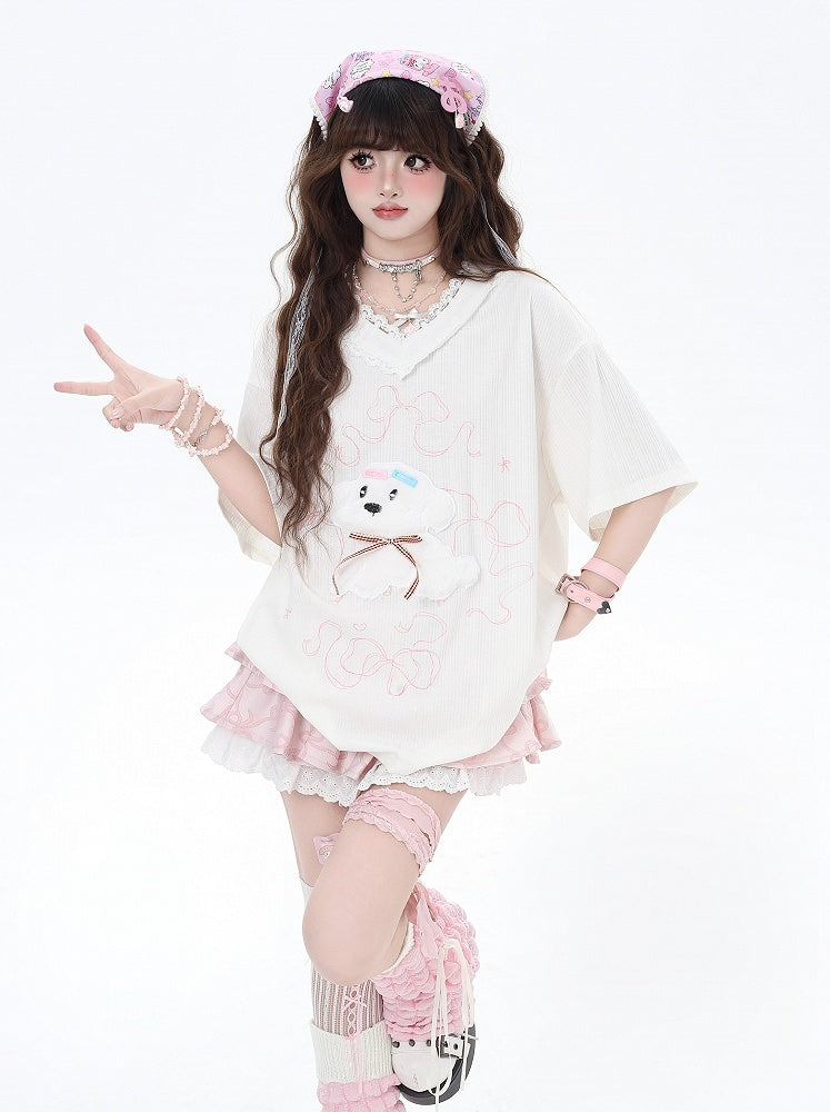 V-Neck Plush Puppy Applique Trim Loose T-Shirt Beige/Light Blue Lace