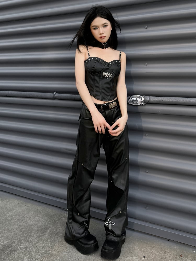 Punk Rock Black Cross Appliques Studs Cargo Pants with Belt