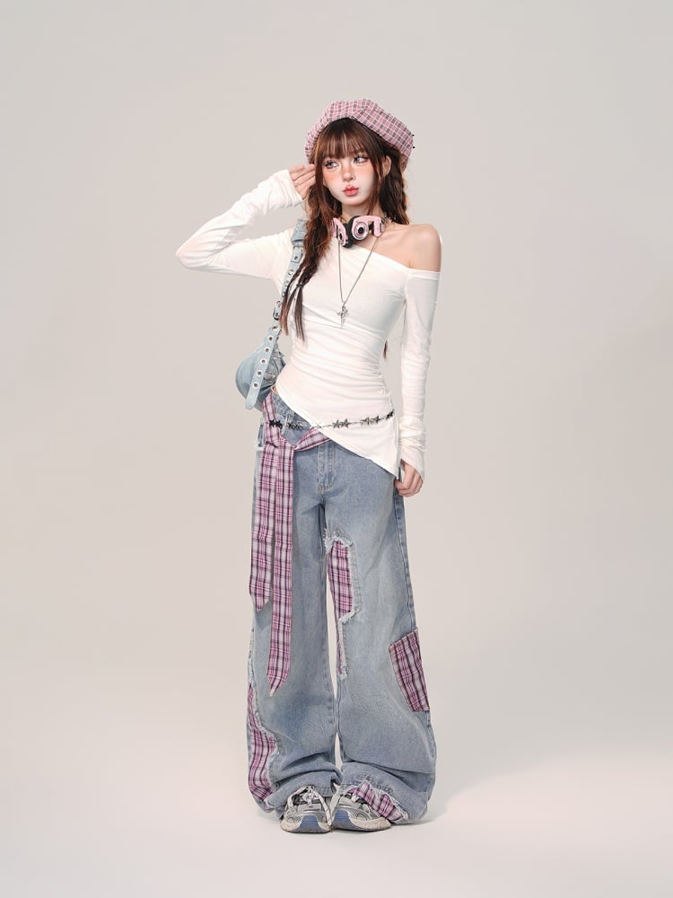 Rose Red Plaid Bowknot Wide-leg Cut Blue Jeans