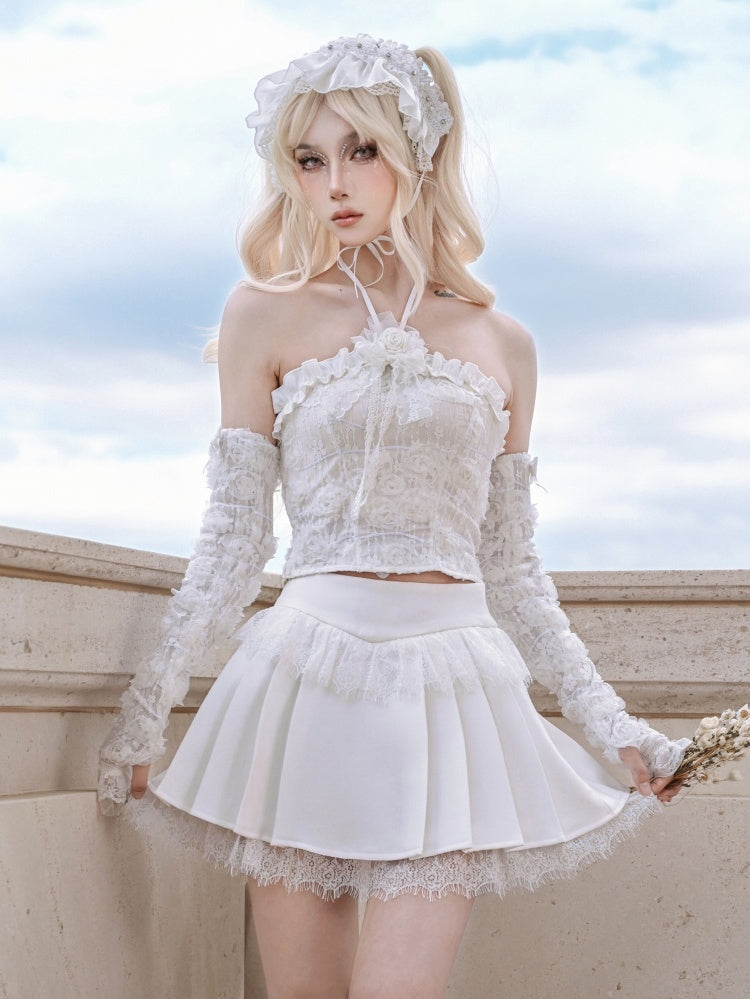 White Lace Raw Fairy Goth Pleated Skirt