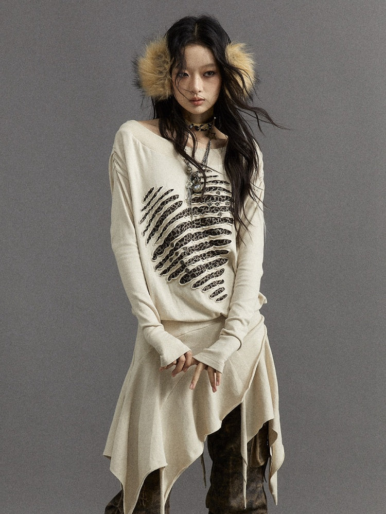 Wasteland Punk Beige Leopard Heart Asymmetrical Long Sleeves Dress