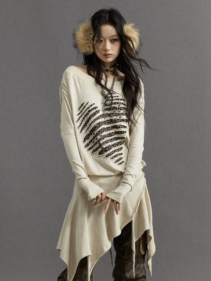 Wasteland Punk Beige Leopard Heart Asymmetrical Long Sleeves Dress