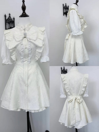 Tie+Hairclips Y2K Sleeves Dress+Shorts+Bow Kei Set-Cheongsam Collar Short White Jirai