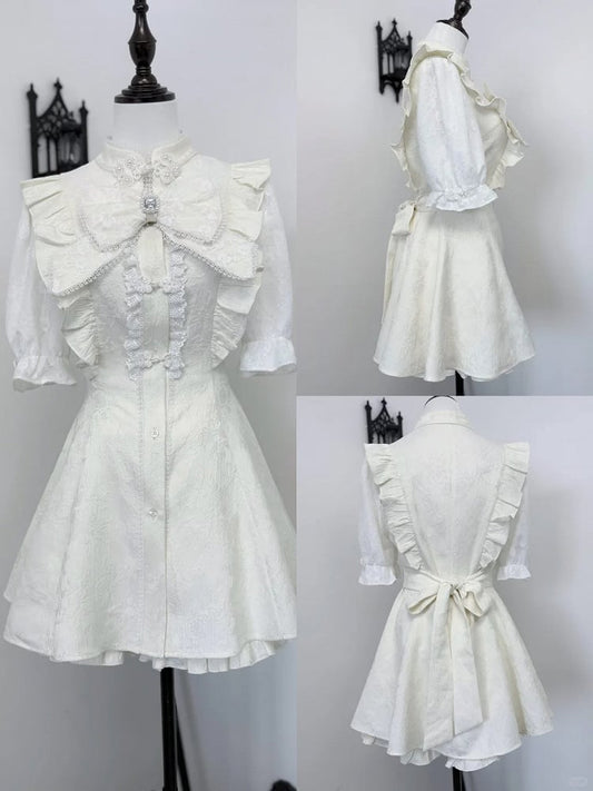 Tie+Hairclips Y2K Sleeves Dress+Shorts+Bow Kei Set-Cheongsam Collar Short White Jirai