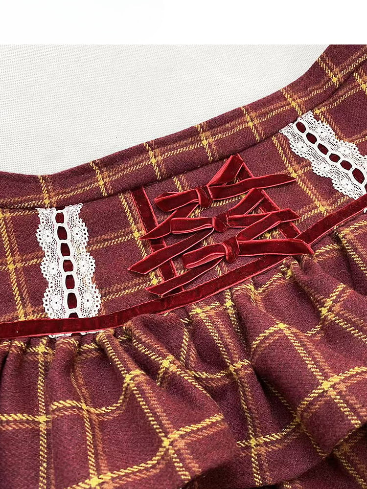 Red Plaid Pattern Lace Trim Tiered Skirt