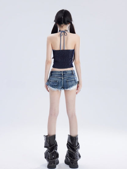Cropped Denim Blue Halter Neck Metal Top Charms
