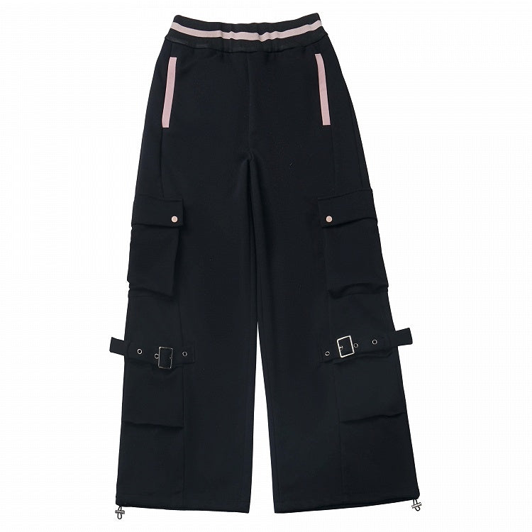 Black Elastic Waist Buckle Straps Cargo Pants
