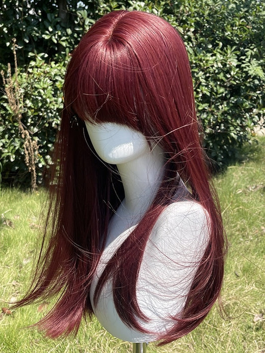 Raspberry Red Long Straight Synthetic Wig With Bangs