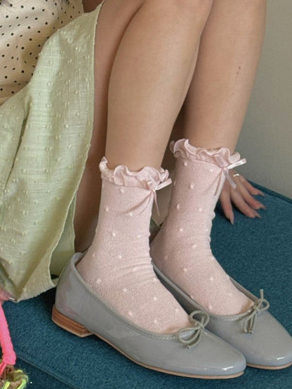 Pattern Polka-dot Bowknot Details Calf Cuffs Socks Ruffled White/Black/Pink/Blue/Yellow