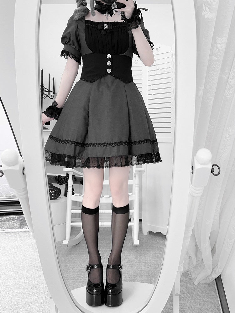 Corset Belt Design Puff Set- Trim Sleeves Kei and Dress Gray Full Black Lace Jirai