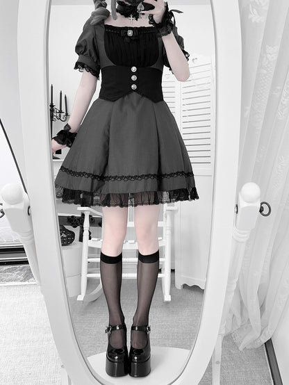 Corset Belt Design Puff Set- Trim Sleeves Kei and Dress Gray Full Black Lace Jirai