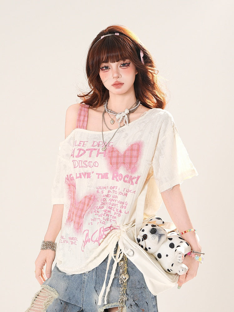 Asymmetrical Neckline Butterfly Appliques Apricot Sweet T-Shirt Distressed Holes