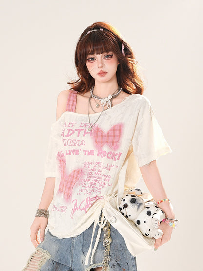 Asymmetrical Neckline Butterfly Appliques Apricot Sweet T-Shirt Distressed Holes