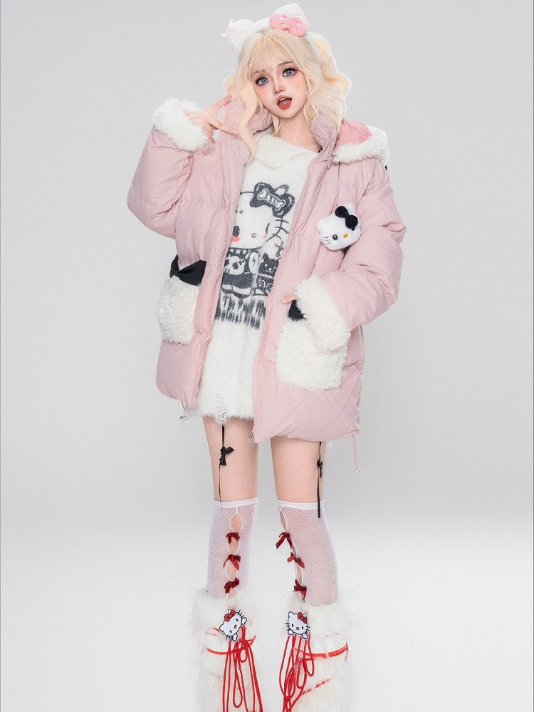 Pink/Black Kitty Adorned Hooded Puffer Jacket Plush Cuffs