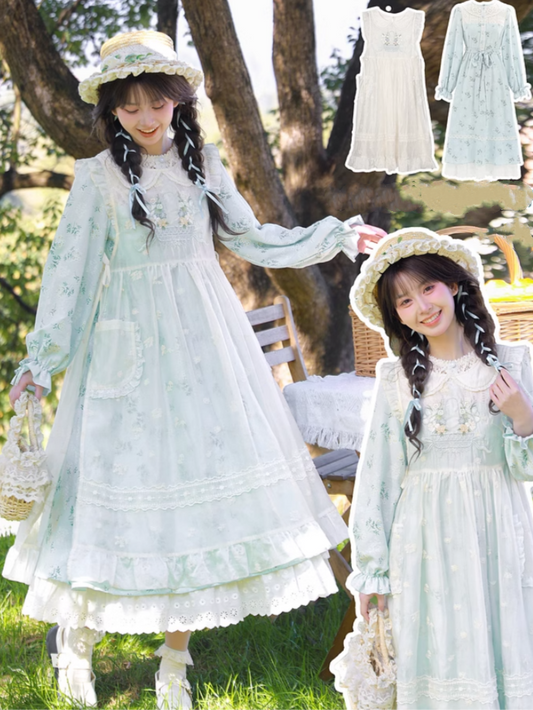 Robe longue à broderies florales et col Peter Pan abricot