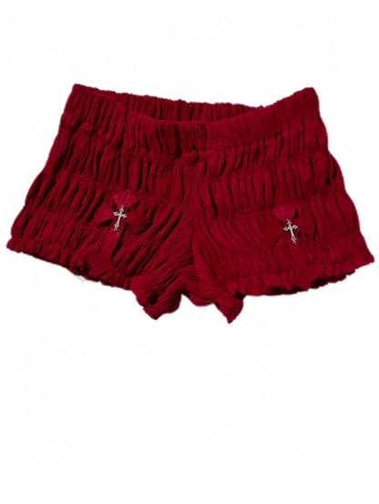 Gothic Red Crosses Low Waist Ruched Mini Shorts