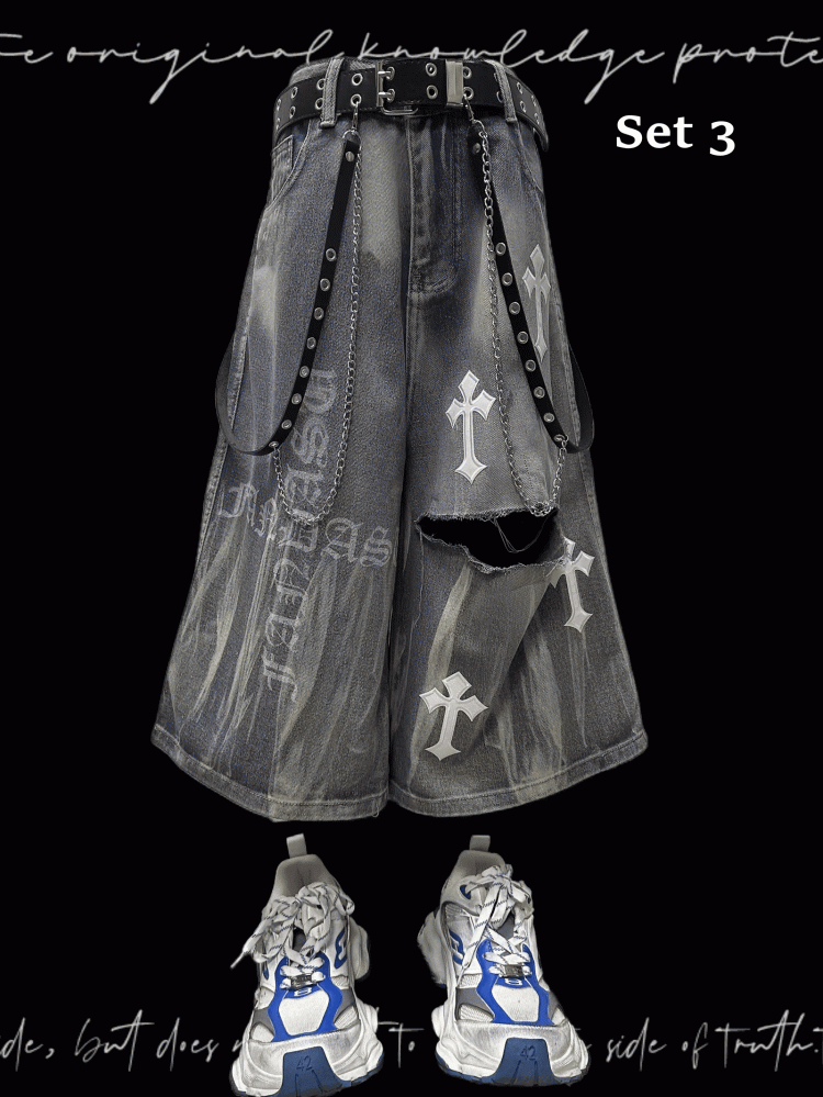 Y2K Blue Cross Appliques Distressed Holes Wide-Leg Jeans