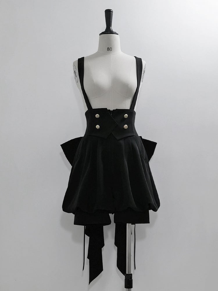 Black Ouji Lolita High Waist Overall Shorts with Big Bow Train