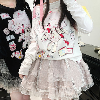 Double-Layered Jirai Kei Lace Black/White/Pink Bunny Ears Design Skirt