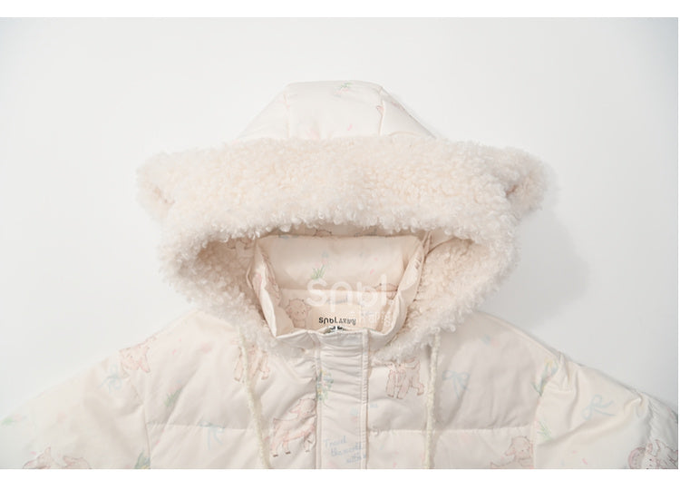 Cute Lamb Print White Hooded Down Jacket Short/Long Version