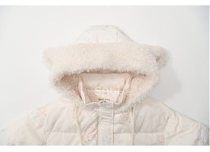 Cute Lamb Print White Hooded Down Jacket Short/Long Version