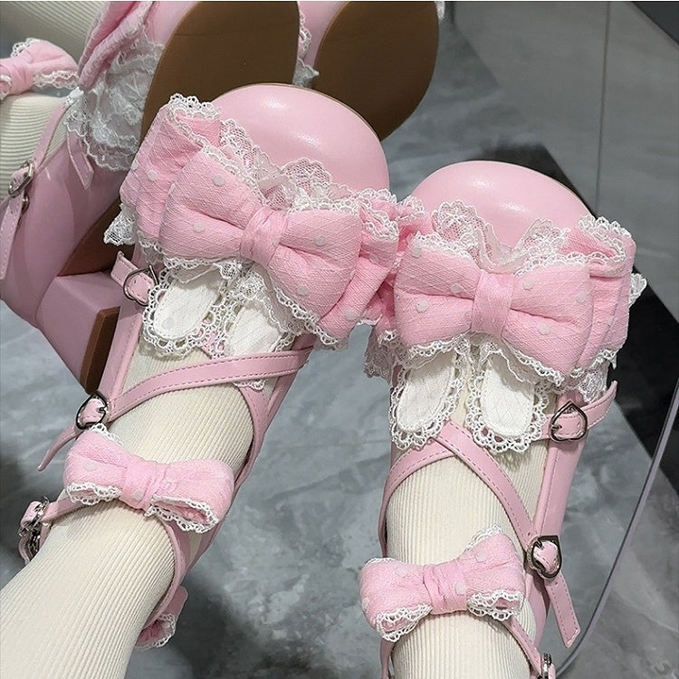 Bunny Ear Low/Mid Janes Pink - Dot Accents with Sweet Lolita Bows Mary Heels Round Toe Polka