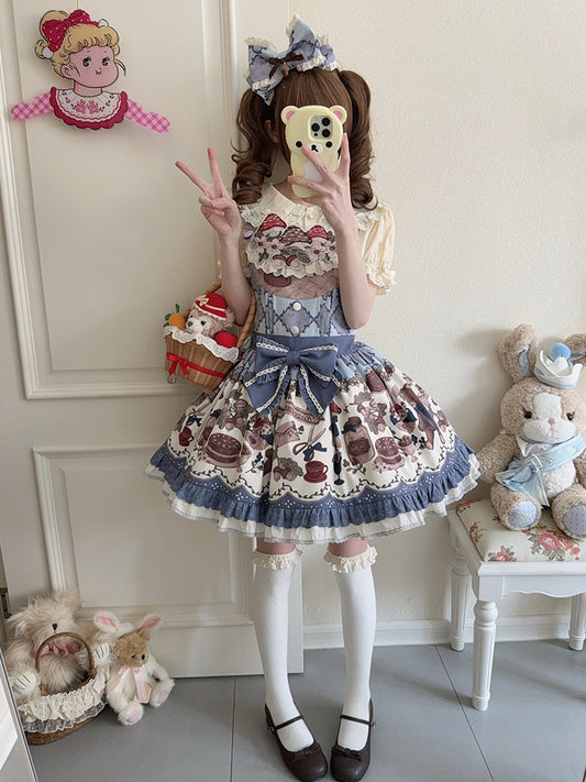 Print Embroidery Overall Sweet Blue Teddy Dress Mushroom Lolita Neckline