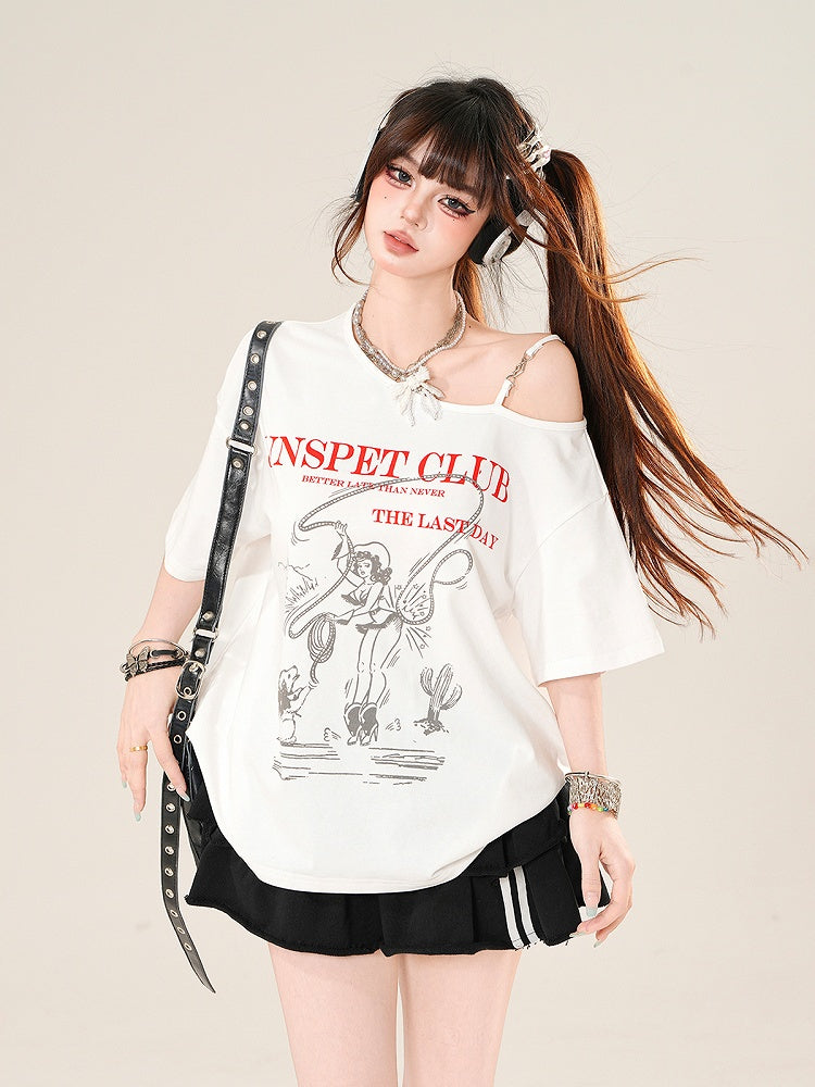 White Asymmetrical Neckline Loose Graphic T-Shirt