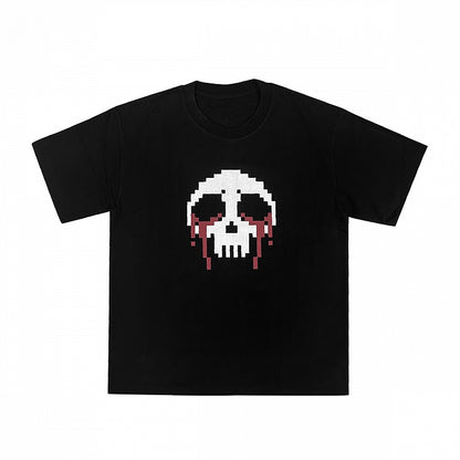 Pixel Round Neck T-Shirt Skeleton Print Cotton Black/White