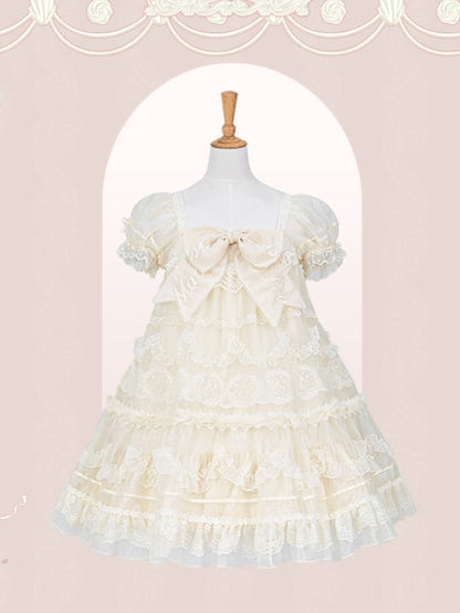 White Embroidered Bow Creamy Lolita Dress Sleeves Big Short Puff Neckline