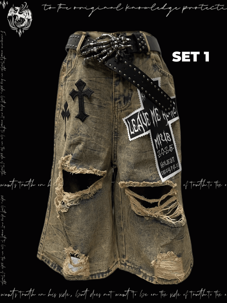 Punk Wasteland Cross Appliques Yellow Distressed Holes Denim Shorts Y2K