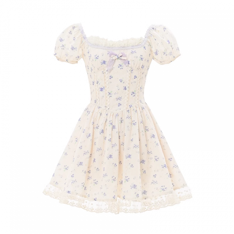 Kei Floral Dress Mori Beige Square Neckline and Short Puff Sleeves