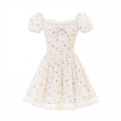 Kei Floral Dress Mori Beige Square Neckline and Short Puff Sleeves