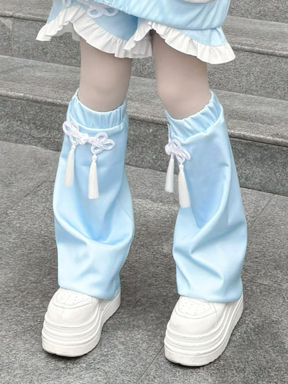 Tenshi Kaiwai Blue Tassel and Knot Button Leg Warmers