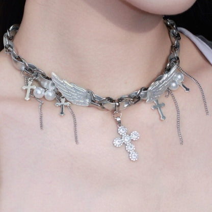 Angel Silver Wings Crosses Cyberpunk Y2K Necklace