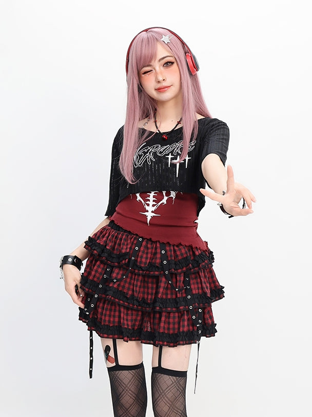 Red/Gray Tank Top with Halter Neck Coverup Set Graphic Black Y2K Cropped
