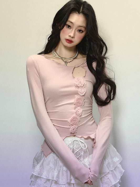 Knitted Detail Neck Floral Embellished Cutout Top Pink Round Glamorous