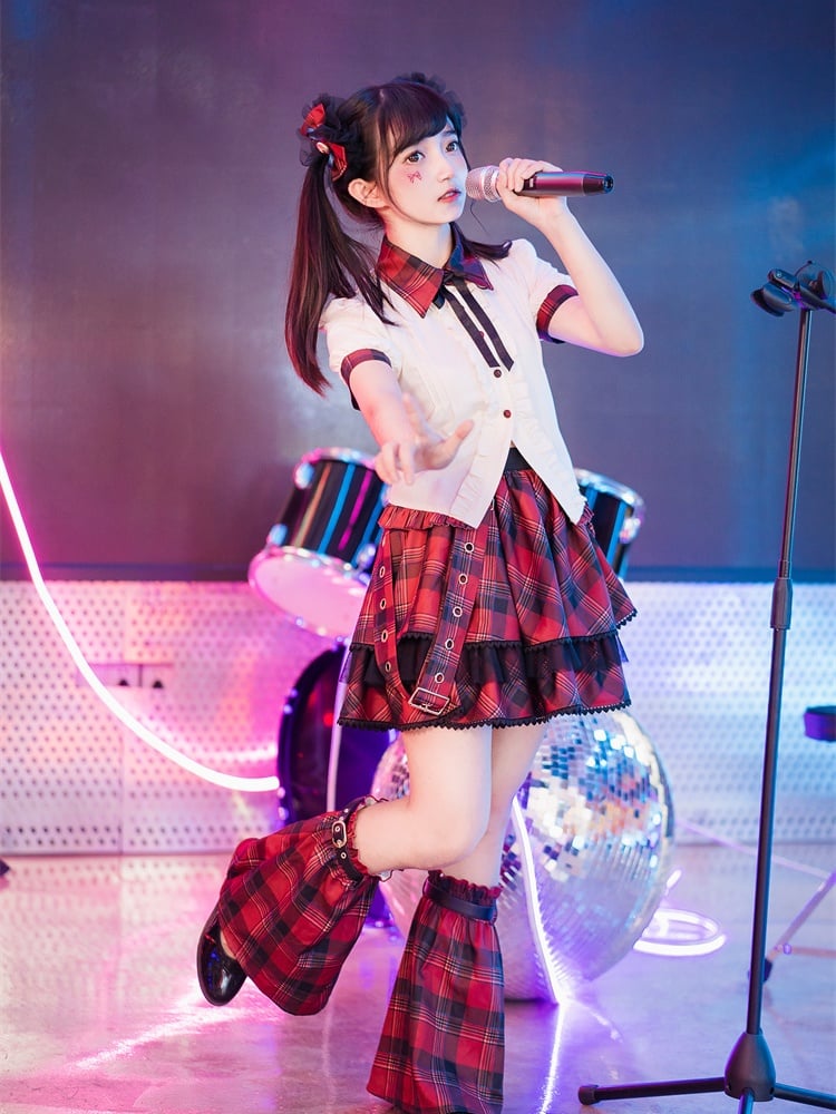 Contrast Red Plaid Trim Beige Idol Lolita Blouse with Lace-up Detail at Back
