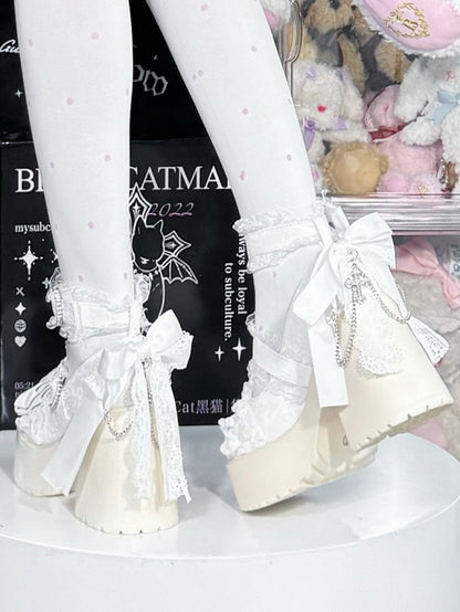 Shoes Platform Jirai - Trim Mary Lace Heels Block High Kei White Jane with